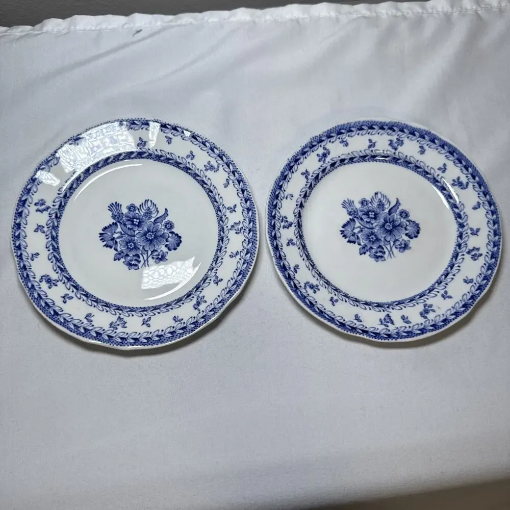 Arabia Finland Set Of 2 Saucers Blue and White Floral Print Glazed Beautiful